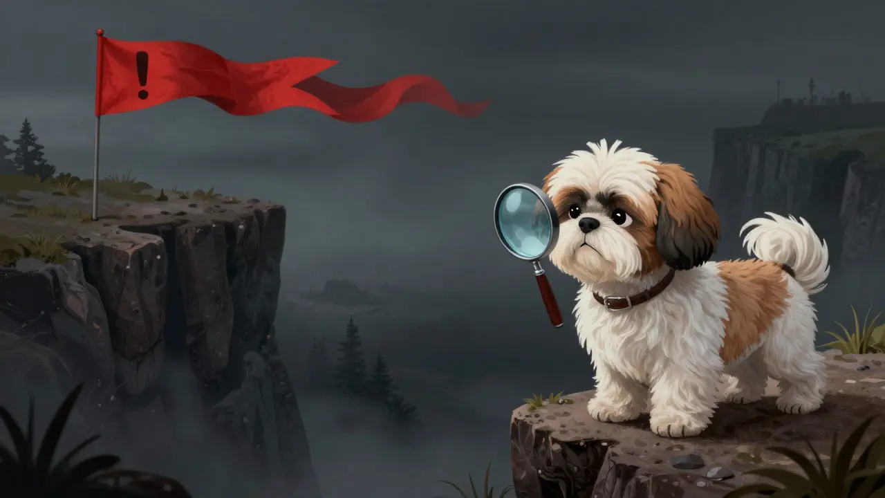 Shih Tzu peeking over a cliff with red warning flags, illustrating investment risks.