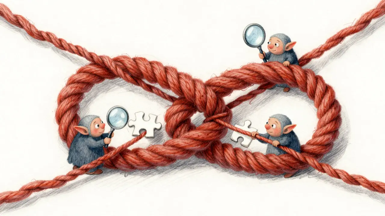 Tangled red yarn knot with hidden goblins representing security flaws