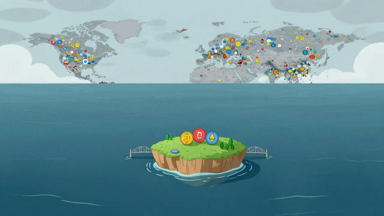 Tiny island with few coins in a vast ocean symbolizing low liquidity.