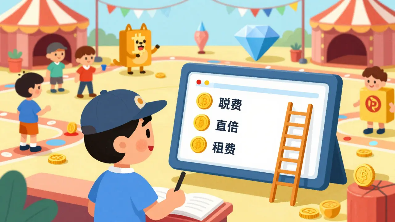 Whimsical cartoon of a trader at a colorful carnival-style exchange with low fee symbols.