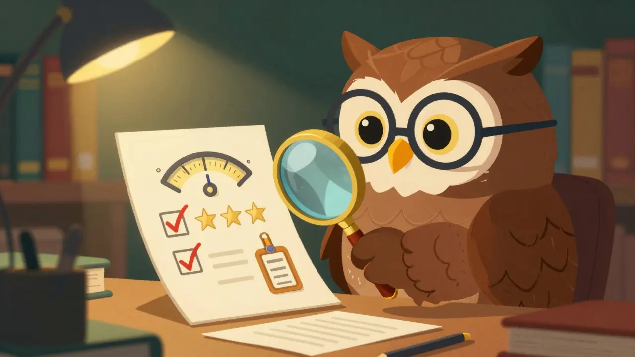 Wise owl character checking a safety checklist with a magnifying glass in a cozy library setting.