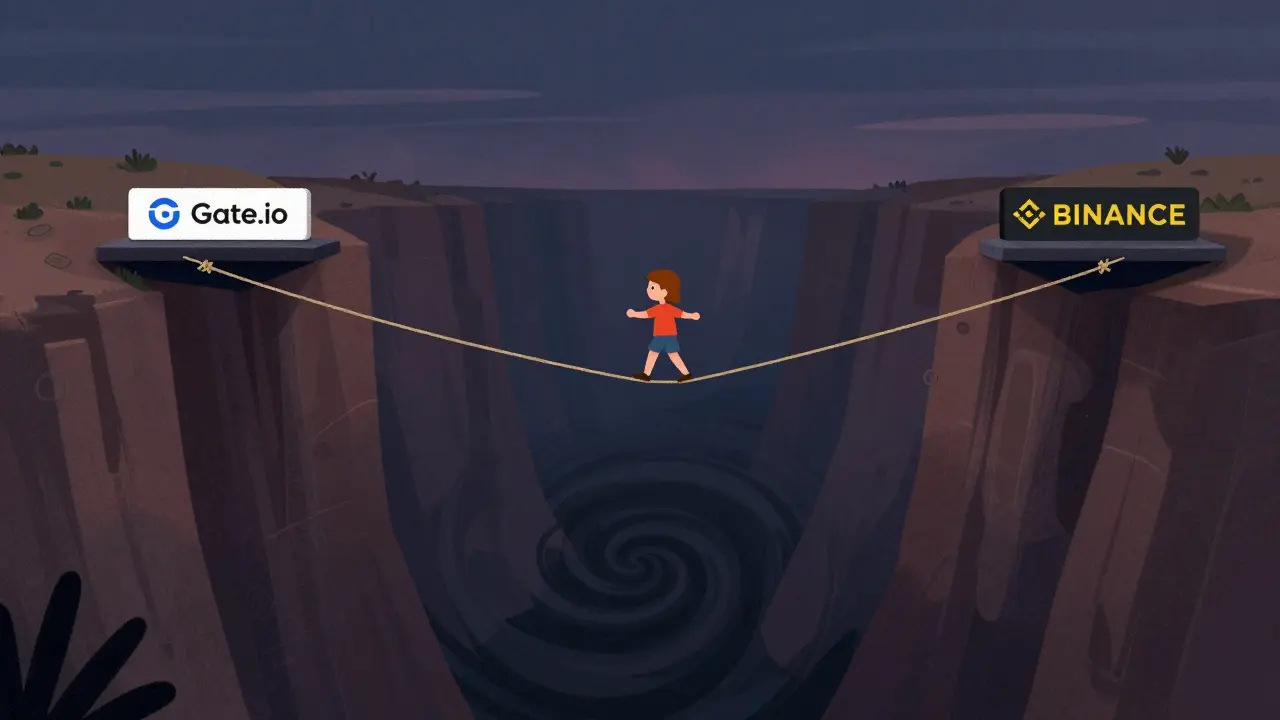 A character walking a tightrope over a canyon, illustrating low liquidity and high risk.