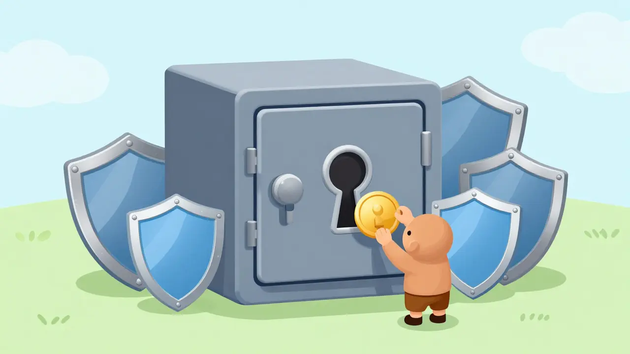 A secure lockbox being filled with tokens, representing safe crypto storage practices.