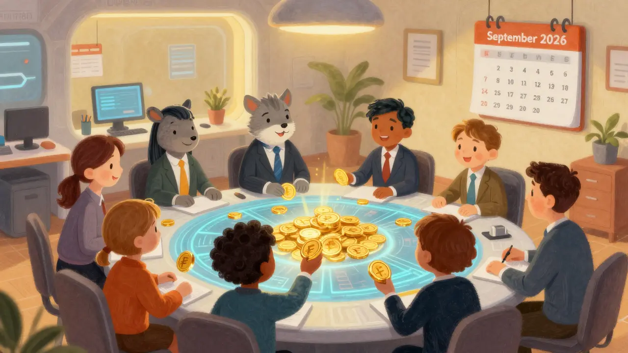 Business figures exchanging Digital Rubles in a warm, futuristic office setting.