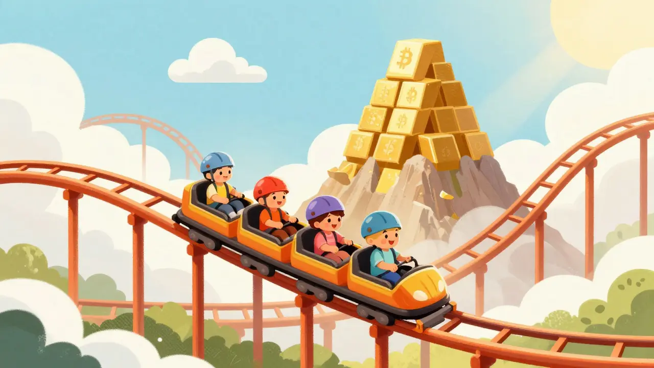 Cartoon characters riding a rollercoaster near gold mountain