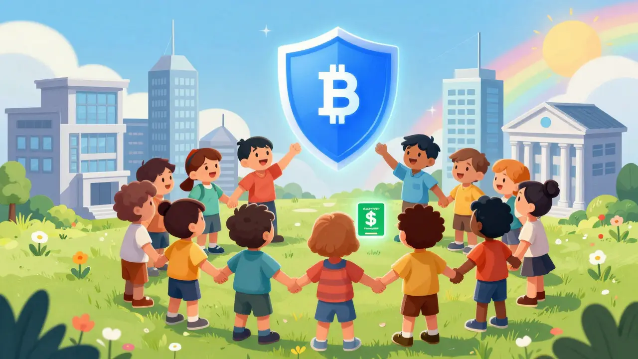 Cartoon financial institutions holding hands around a shared security shield