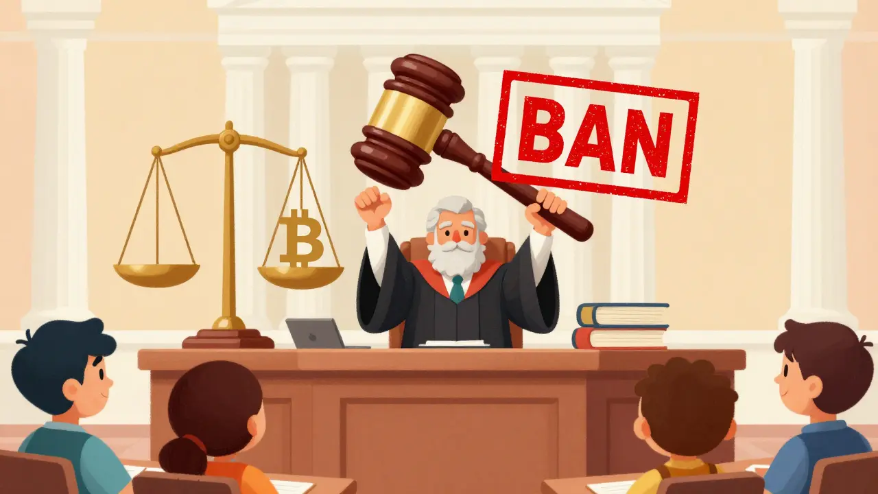 Cartoon judge striking down a ban with a gavel in a courtroom