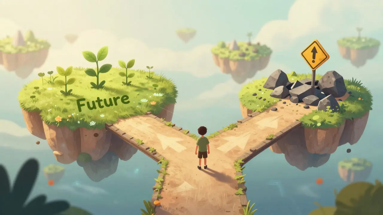 Character at a crossroads in a digital landscape facing choices.