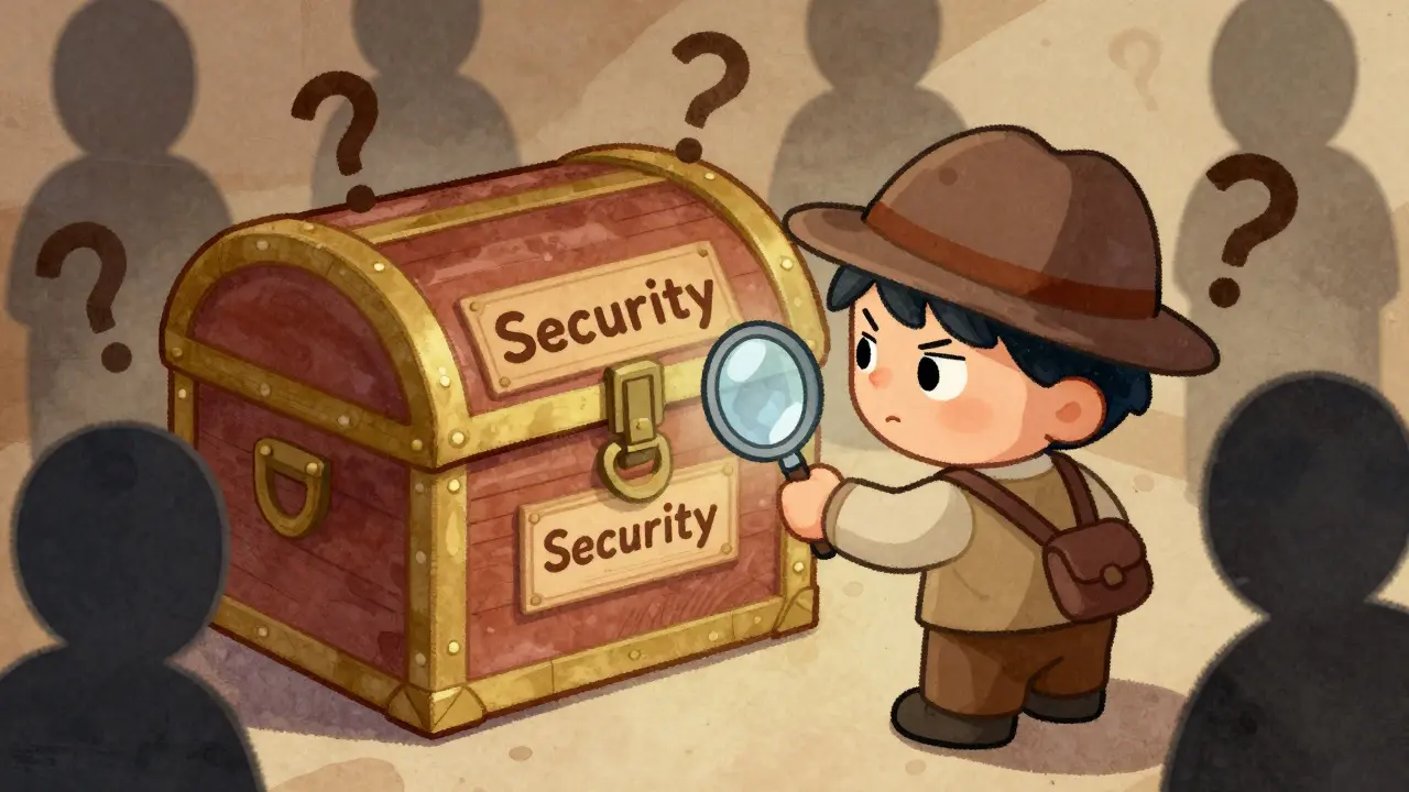 Child detective inspecting a locked security chest with question marks