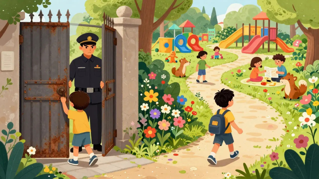 Child walking freely through a sunny garden path, contrasting with a locked gate.