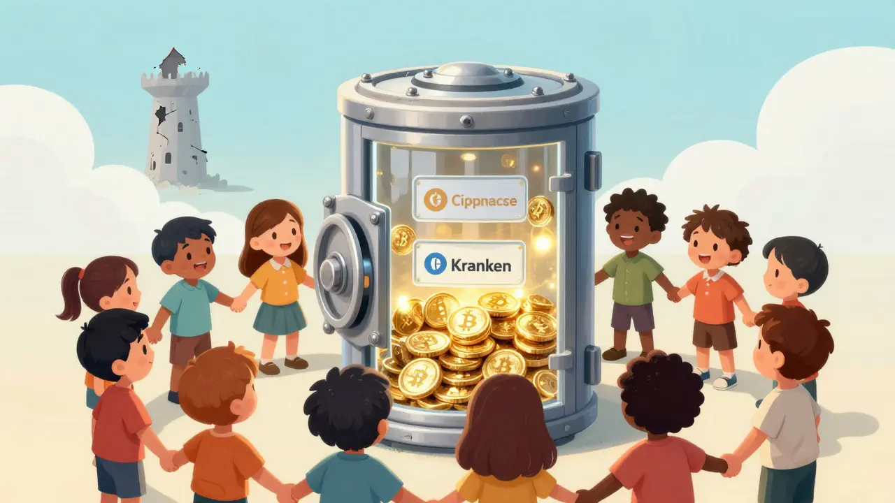 Children hugging secure transparent vault while distant tower crumbles