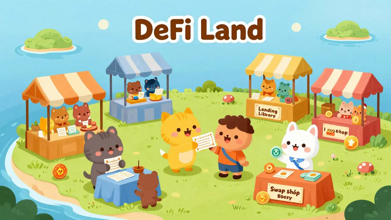 Cute animals trading wrapped token certificates in a colorful DeFi market