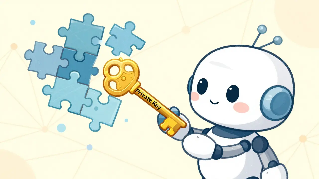 Cute robot holding a golden key, assembling floating data puzzle pieces.