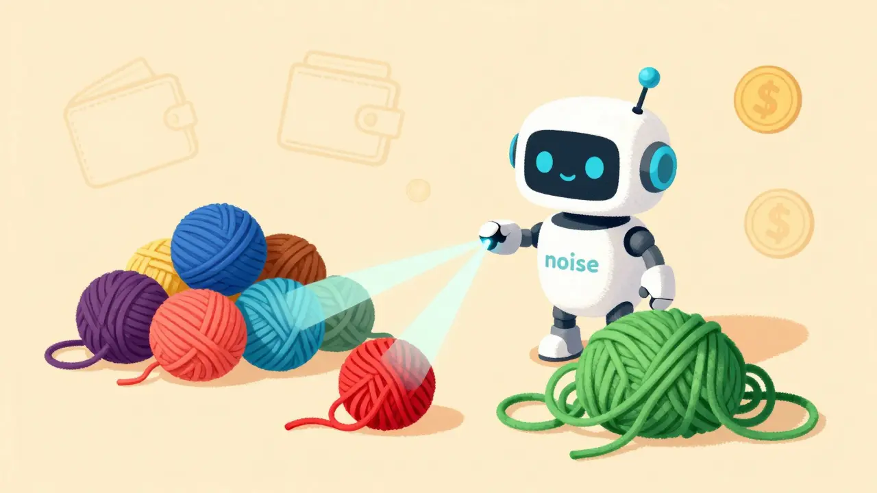 Cute robot sorting tangled yarn into safe and risky piles using lasers