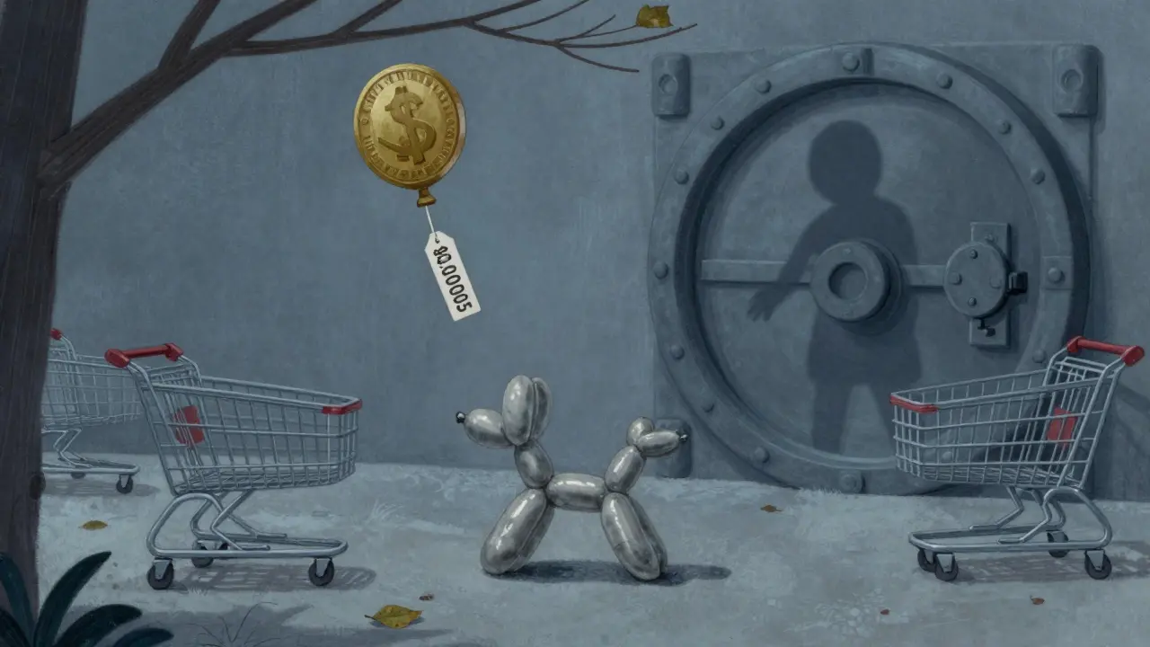 Deflated coin balloon with low price tag near empty shopping carts
