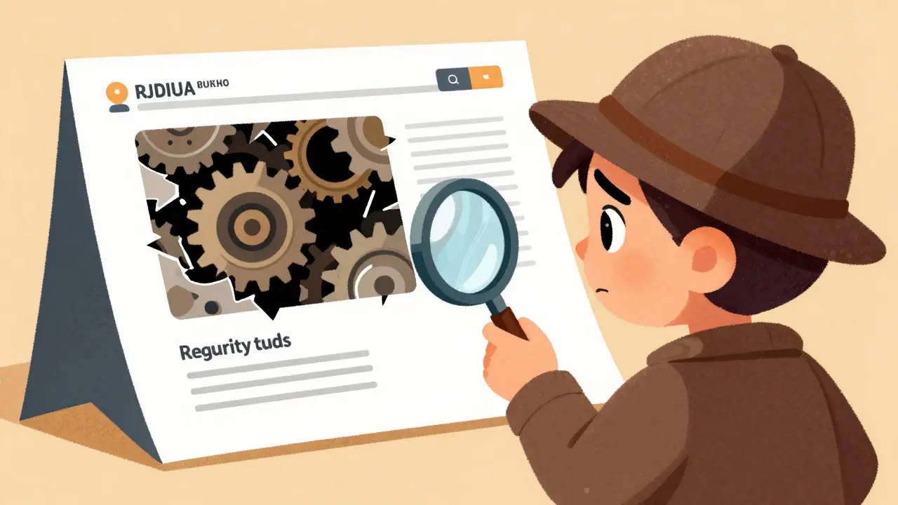 Detective inspecting website facade revealing broken internal gears