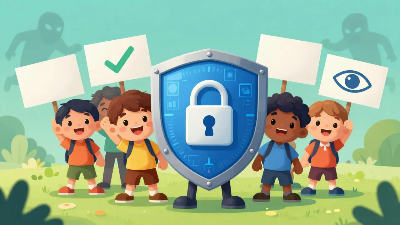 Friendly cartoon group standing behind a protective digital shield