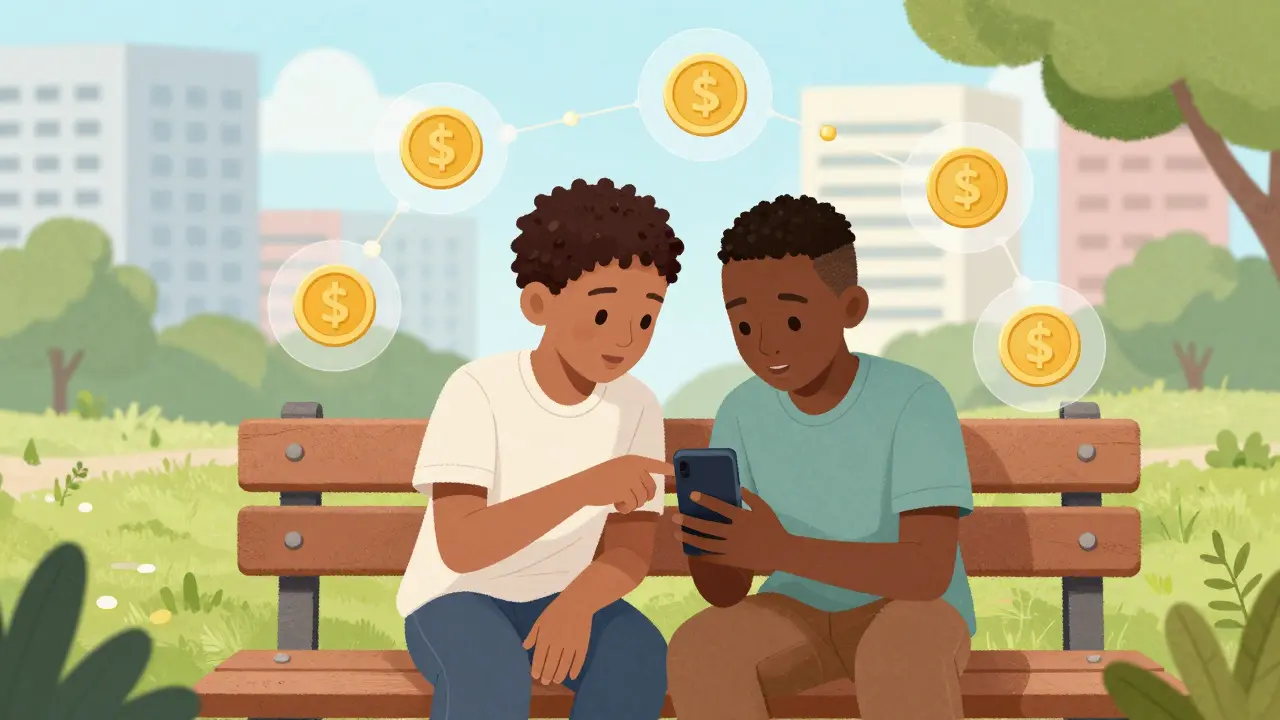 Friends learning crypto trading on phone