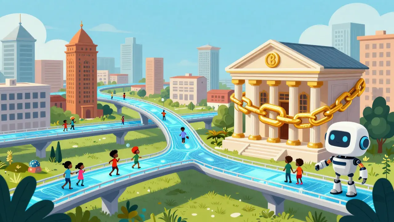Futuristic Nigerian city with digital bridges