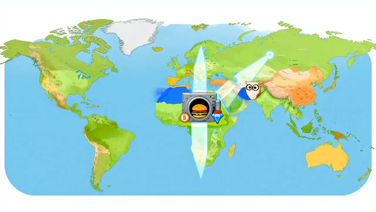 Global map showing US crypto security with cute animal guardians