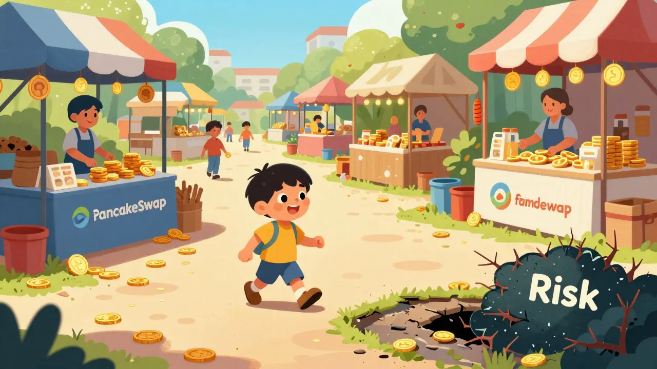 Happy child choosing a vibrant marketplace over a risky thorny path
