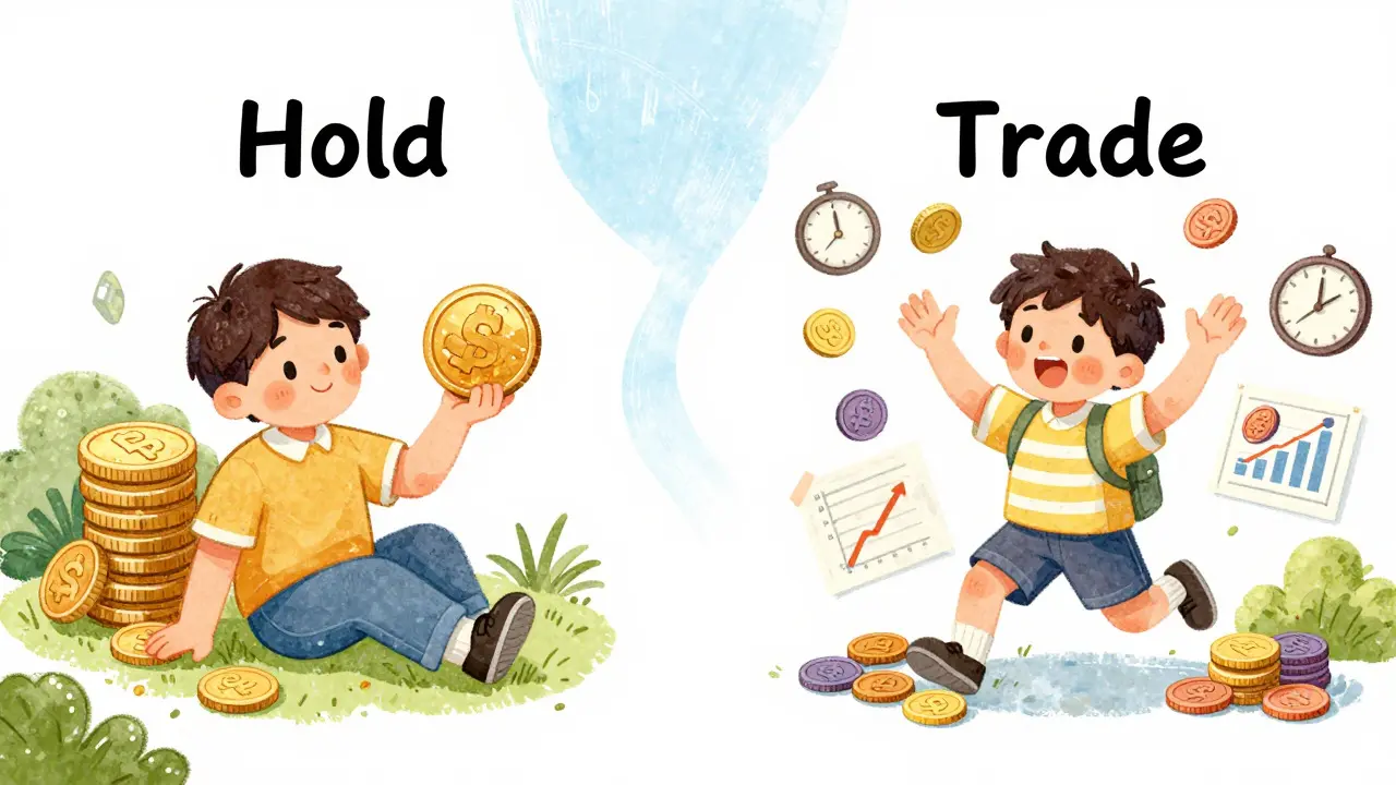 Illustration comparing passive holding vs active crypto trading.