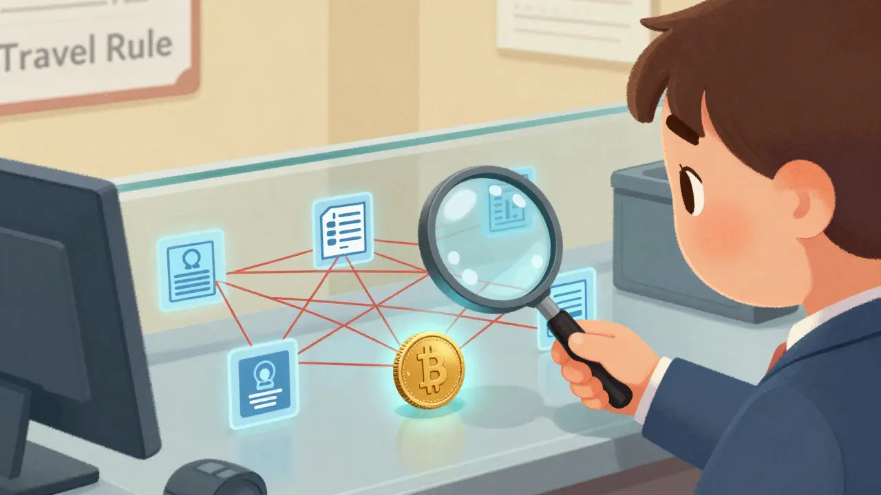 Illustration of a bank teller inspecting a digital coin with a magnifying glass.