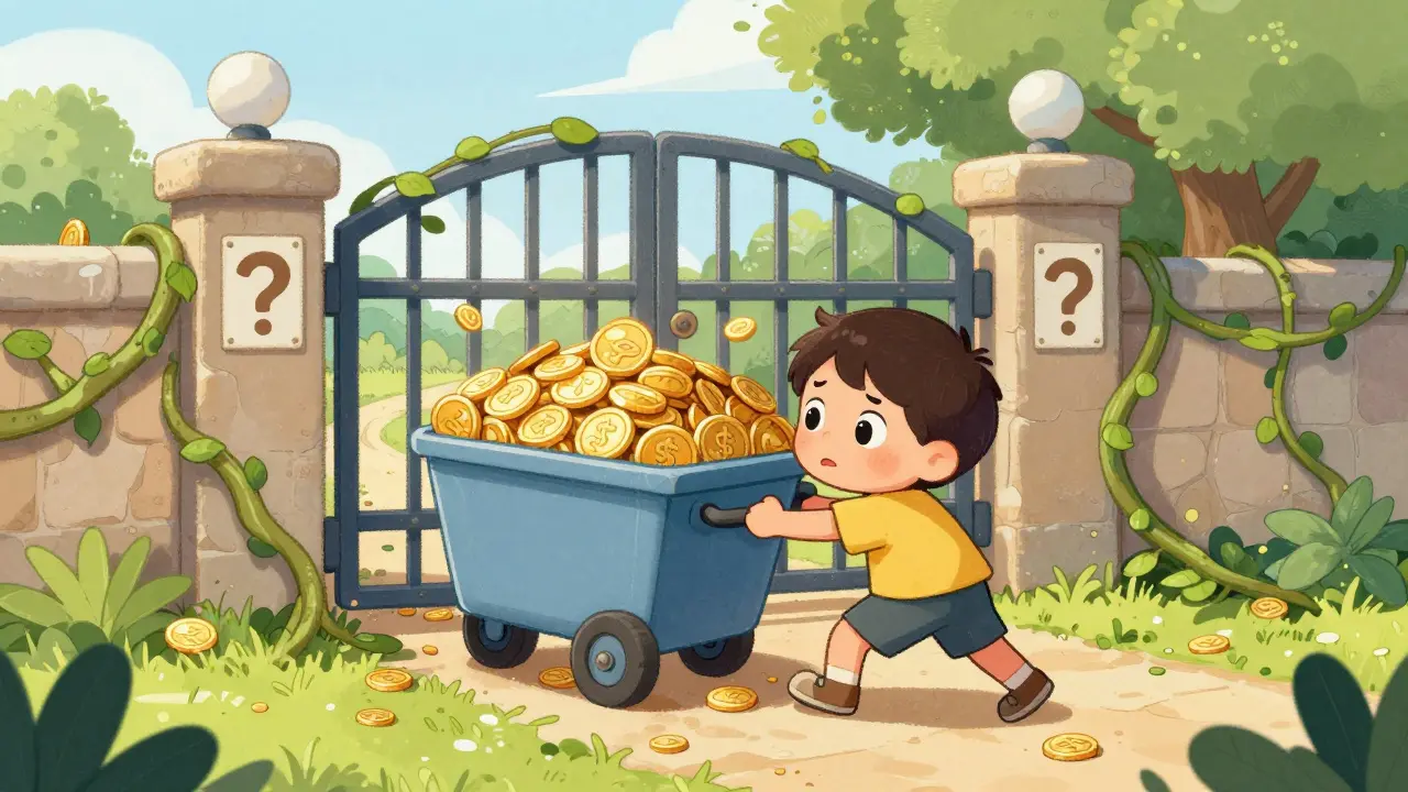 Illustration of a person struggling to move coins through a blocked gate