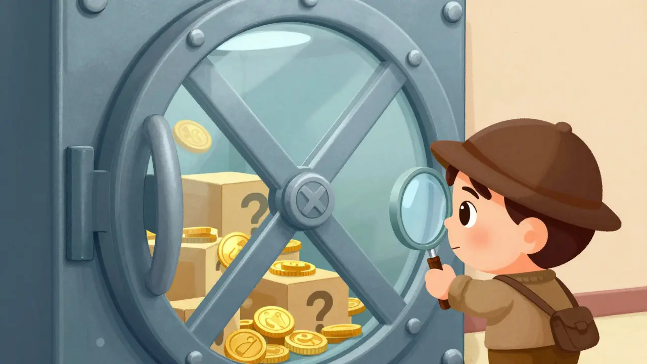 Illustration of a vault with question marks inside, inspected by a detective.