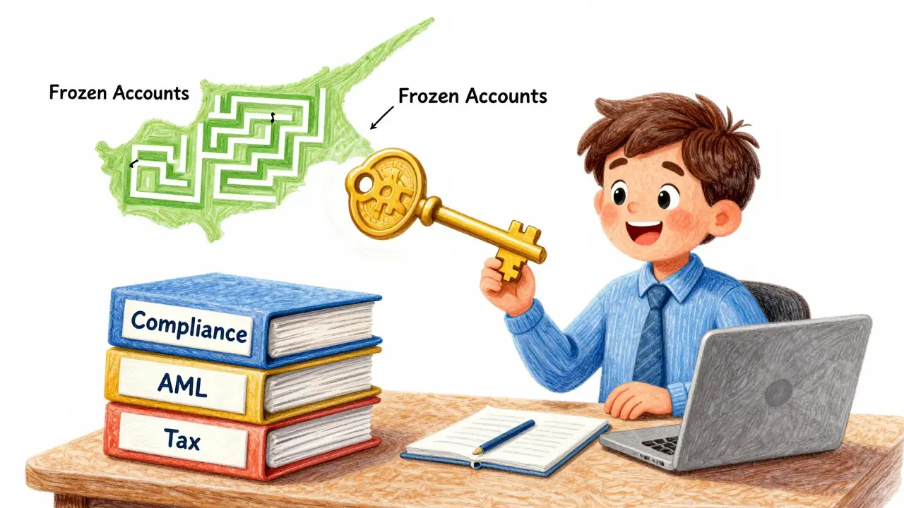 Illustration of an entrepreneur with compliance files and a floating golden key.