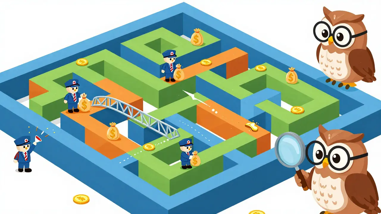 Illustration of crypto laundering maze being watched by analyst owl