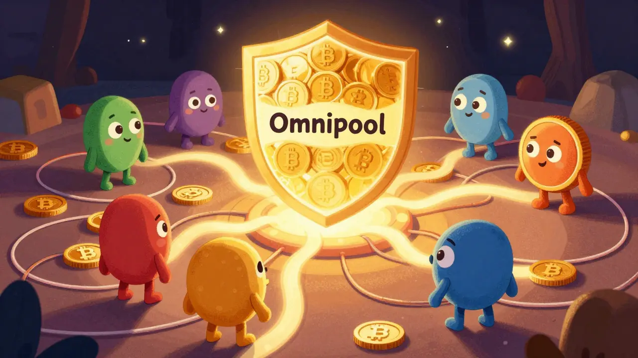 Illustration of Omnipool hub connecting tokens with a protective IL shield