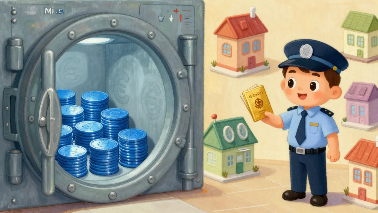 Illustration of regulators issuing passports to exchanges and securing stablecoins.