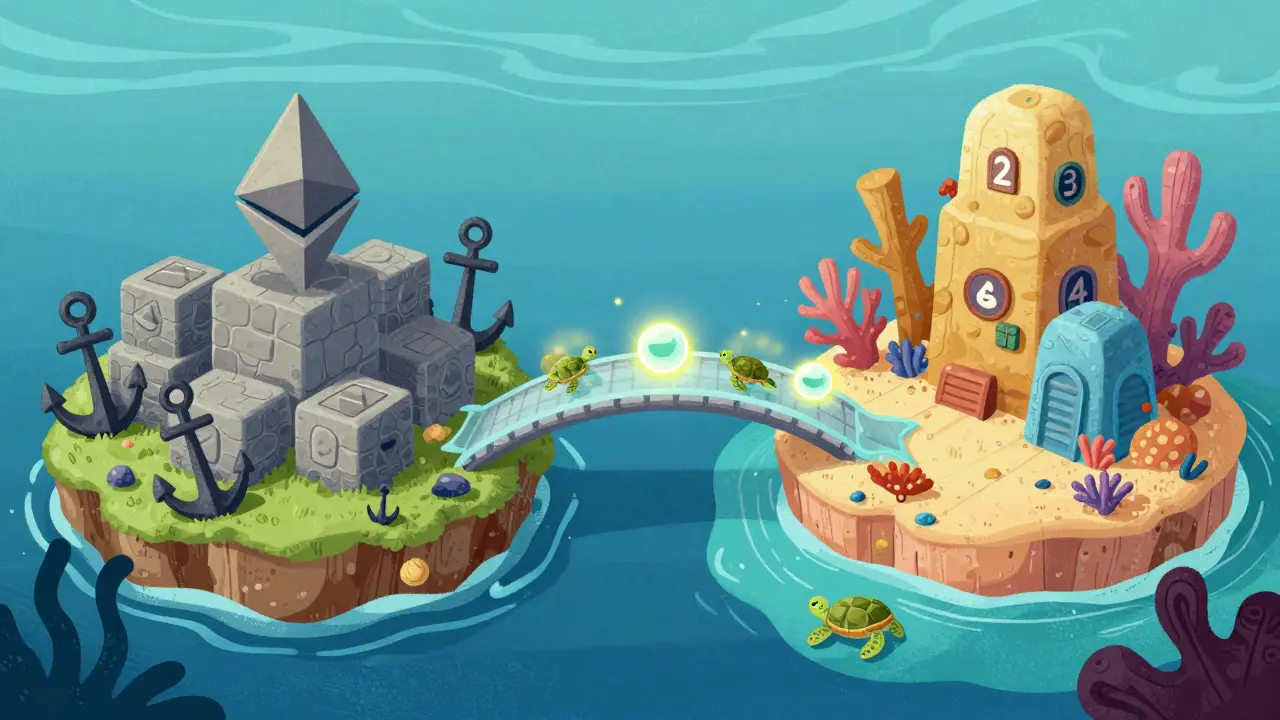 Magical bridge connecting dark mainnet rocks to bright layer 2 coral islands