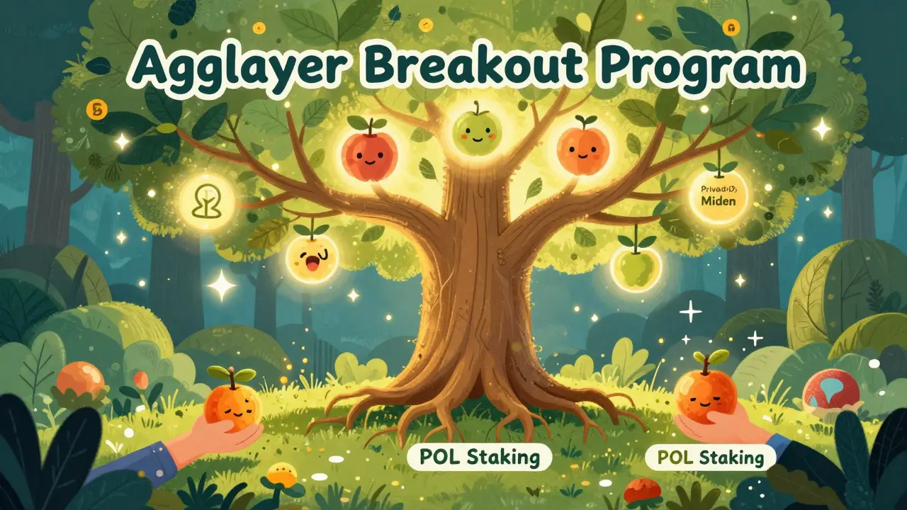 Magical tree bearing fruit, representing Agglayer staking rewards.
