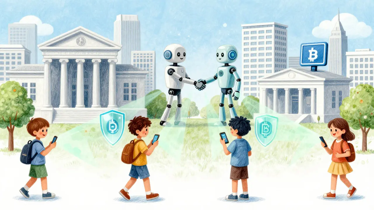 Modern city scene showing safe, regulated crypto integration in daily life.