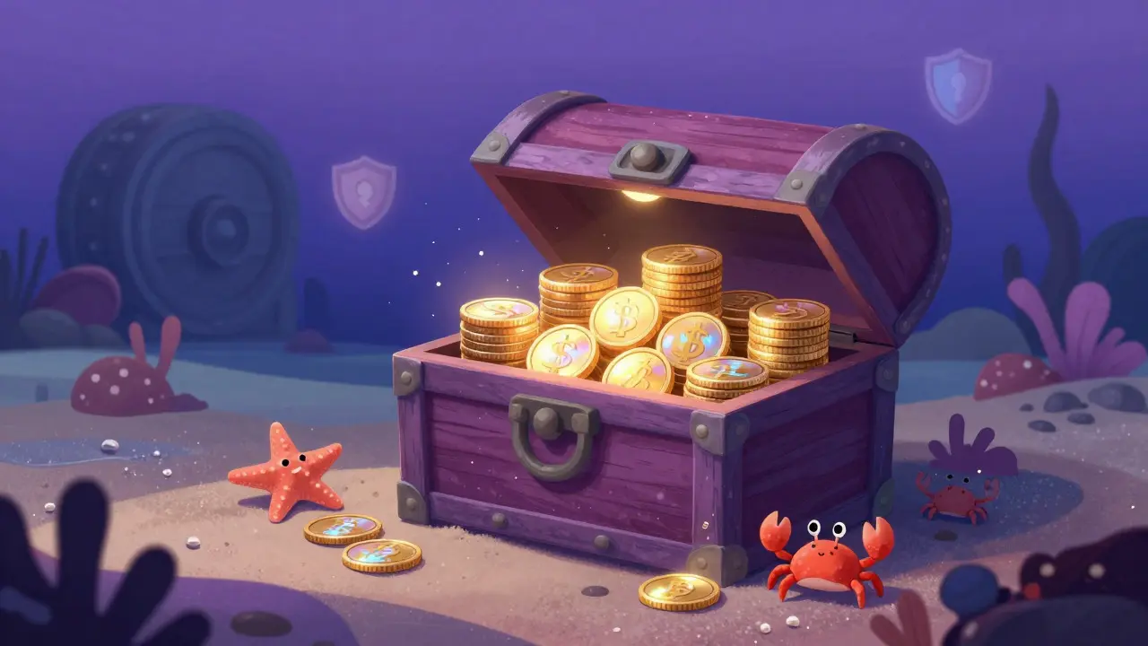 Open treasure chest filled with glowing coins on a sandy ocean floor