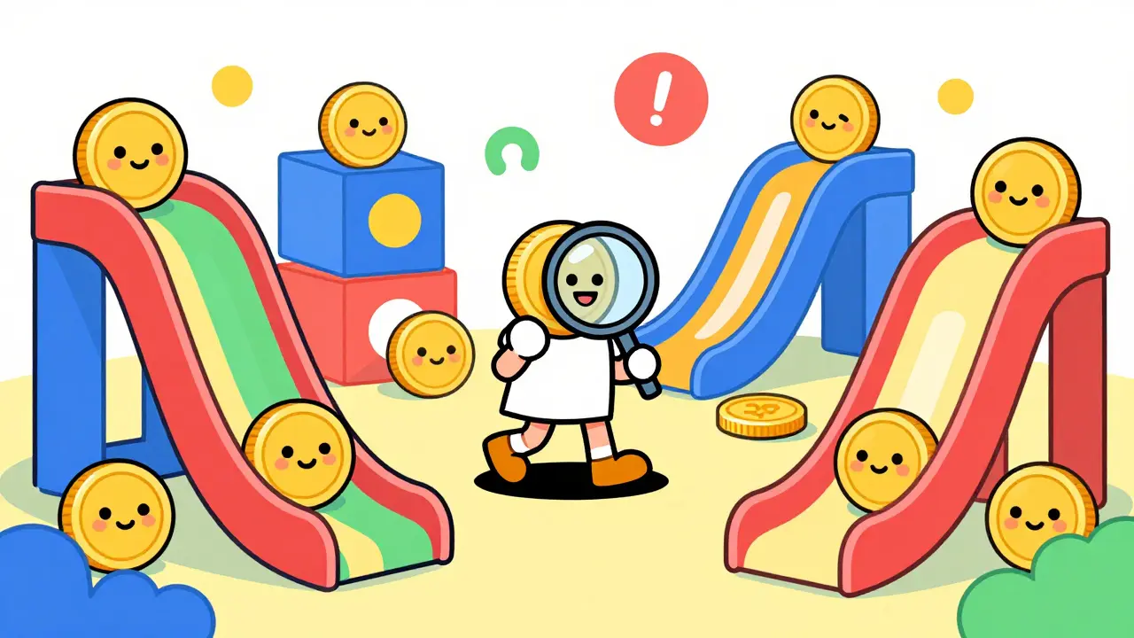 Playful cartoon coins on a rainbow slide playground