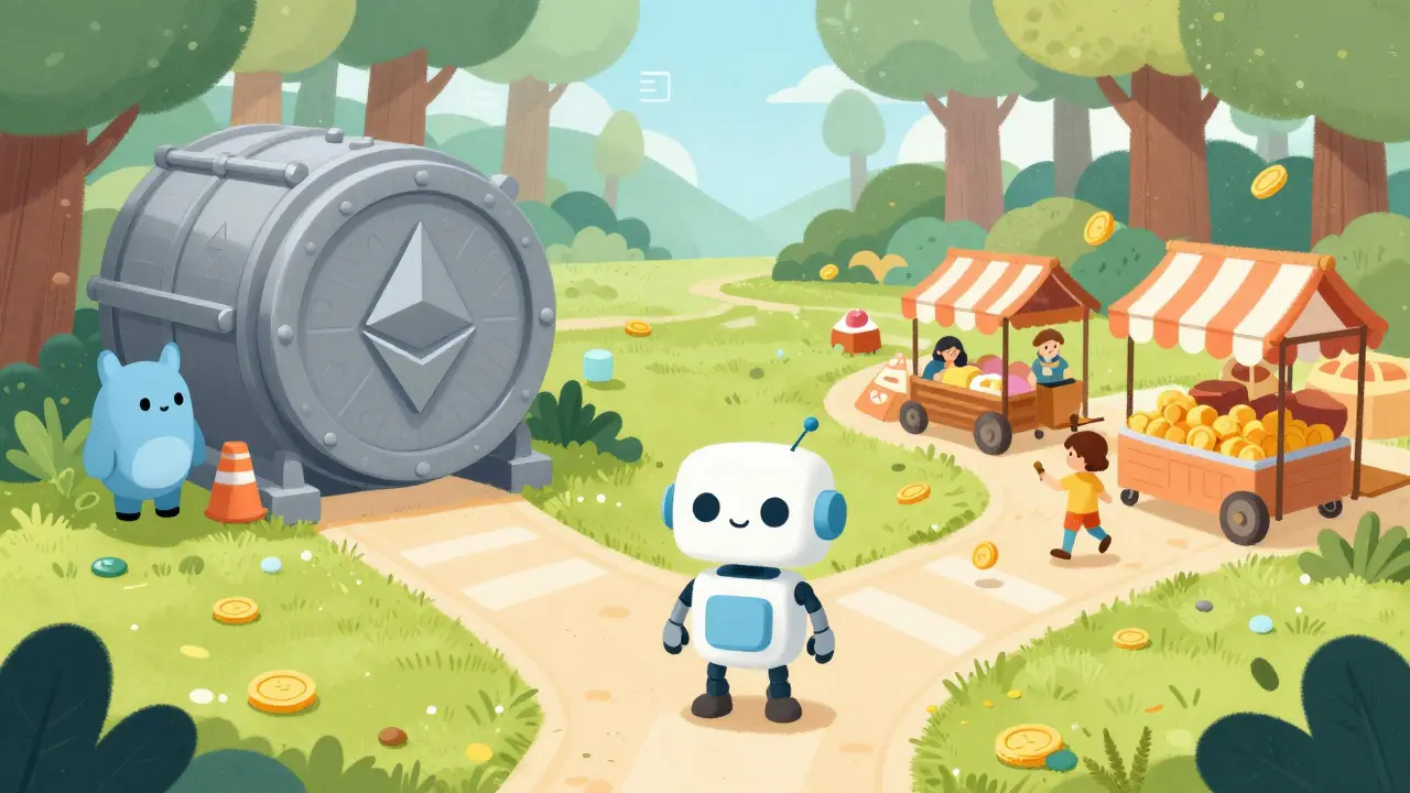 Robot choosing between a secure vault and a busy market