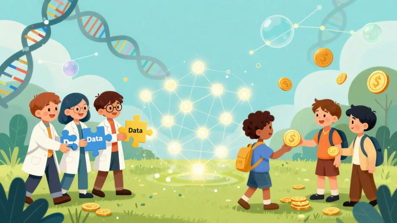 Scientists and users exchanging data for tokens in a whimsical scene.