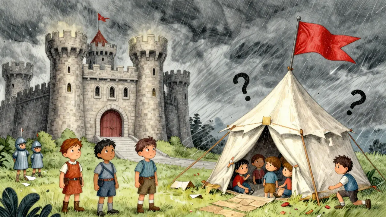Sturdy castle vs flimsy tent in storm, illustrating risk