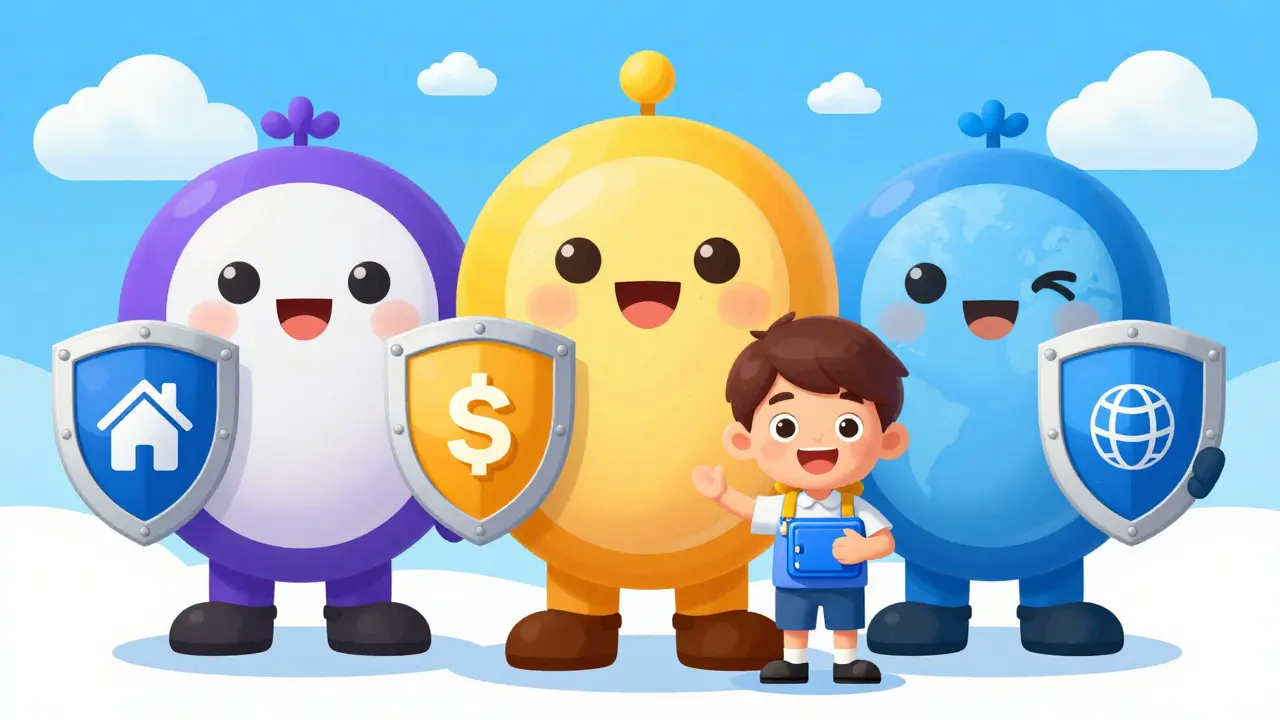 Three cartoon guardians representing safe crypto exchanges protecting a user.