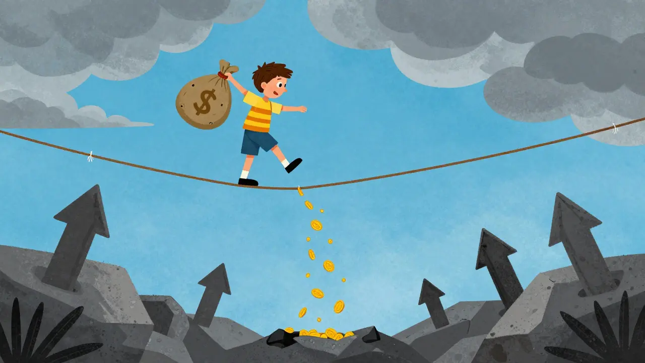 Tightrope walker losing coins from a bag while walking over a void