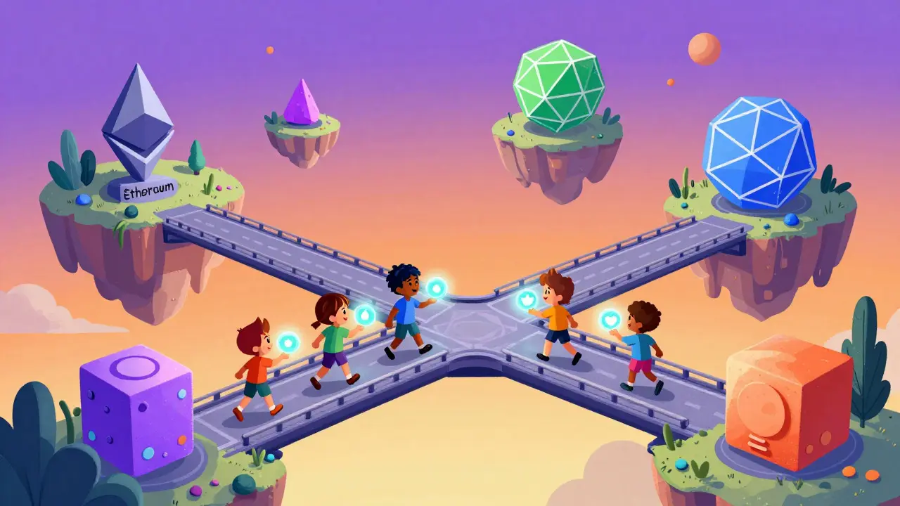 Whimsical bridge connecting floating blockchain islands with glowing value orbs