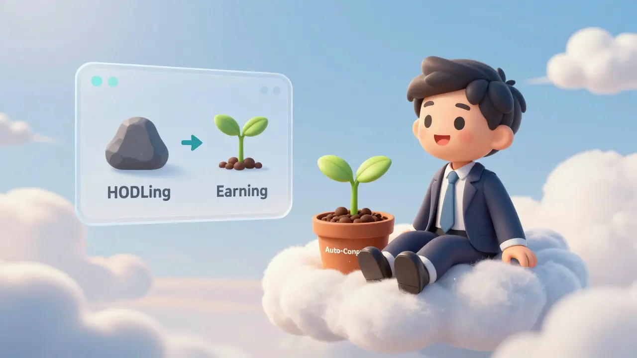 Whimsical drawing of auto-compounding earnings growing like a magical garden