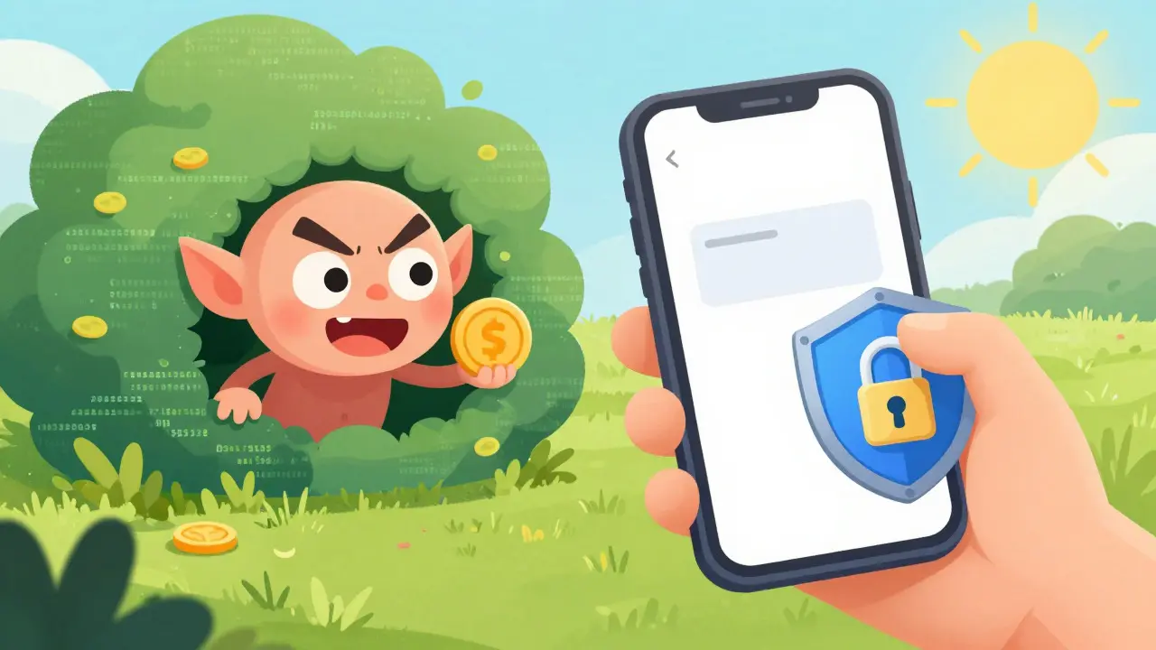 A cartoon hand holds a phone and shield, blocking a sneaky goblin holding a fake coin.