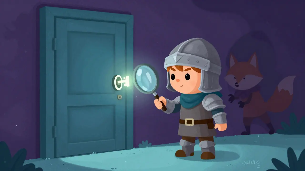 A cartoon knight checking a key at a secure door while a sneaky fox lurks nearby