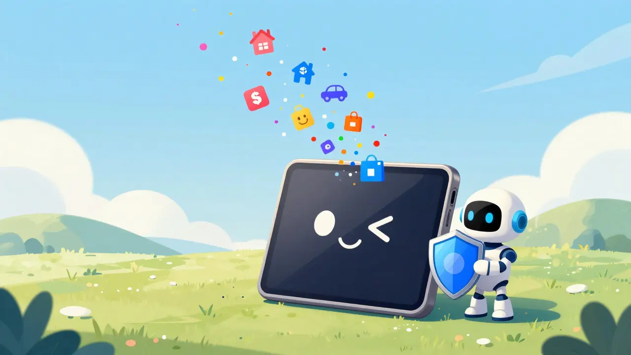 A friendly futuristic tablet device releasing data particles that turn into real-world assets