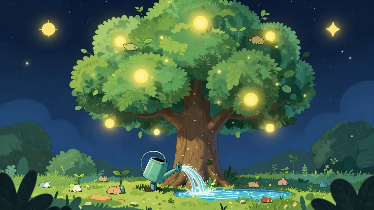 A magical tree growing under a starry sky, watered by an automated can