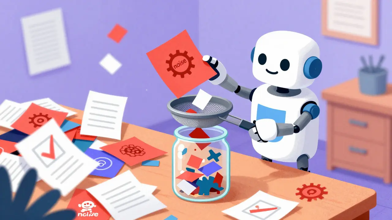 A robot filtering colorful data scraps into a clear jar in a workshop